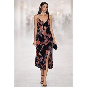 Rachel Zoe Black Velvet Maxi Slip Dress with Red and Purple Floral Print
